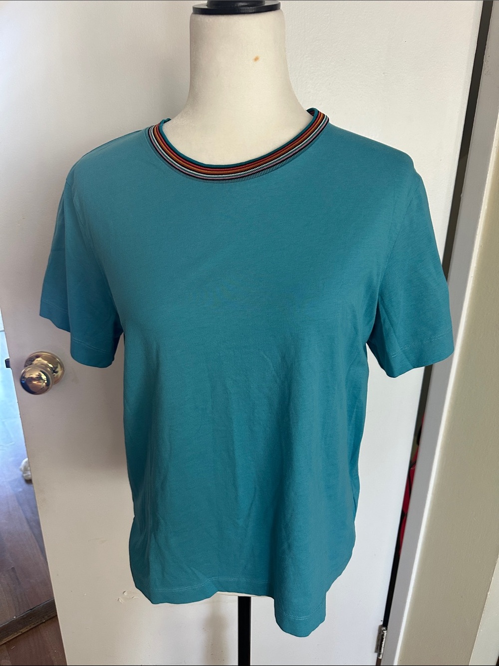 Paul Smith Teal Short Sleeve Crew with Multicolor Striped Neck